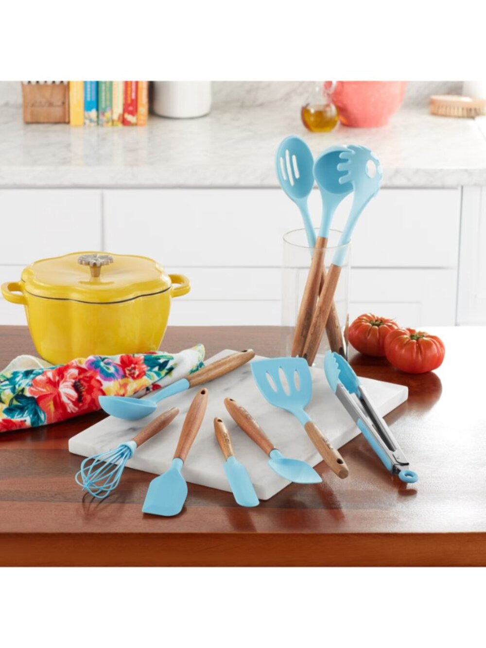 The Woman Pioneer Blue 10-Piece Silicone-Tipped Wood Handles Cooking Utensil